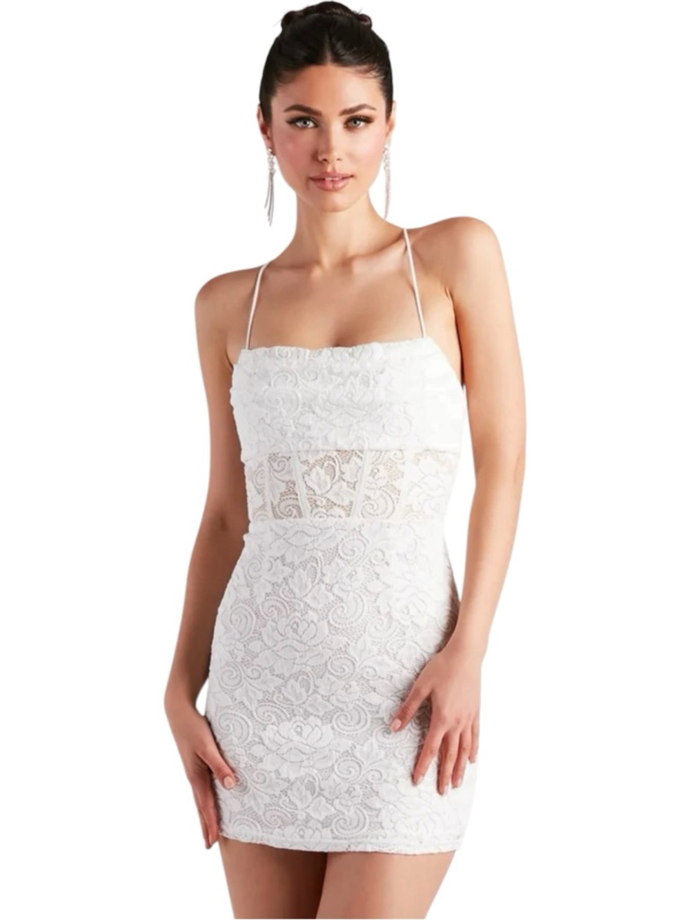 Windsor‎ White Lace Halter Mini Dress Open Back Lace-Up Bodycon NWT Large